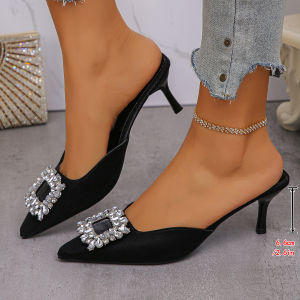 Free Shipping 2026 Spring New Korean Style Satin Rhinestone Square Buckle Closed-Toe High Heel Sandals Plus Size Stiletto Heel Slippers For Women