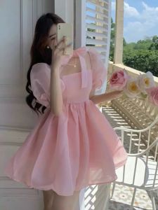 Đầm Bệt Vai Tay Bồng Kèm Khăn Nơ