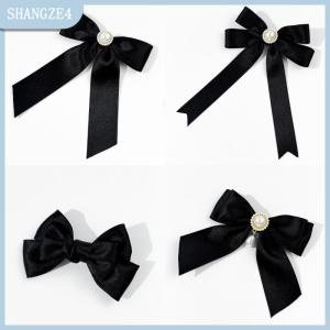 【SHANGZE4】 Đen Ribbon Bow ngọc trai Trâm cho phụ nữ đa năng Áo sơ mi cổ áo pins quần áo trang trí Ribbon Tie trang sức phụ kiện Quà Tặng