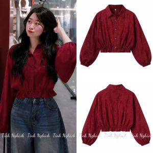 Áo sơ mi basic chất Đũi Lụa - Thiết kế dáng croptop bo chun dưới tay dài bồng cài nút dọc