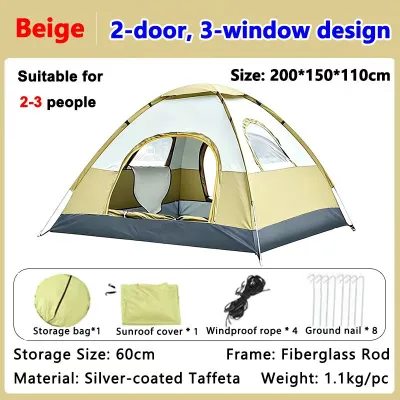4 person Outdoor Camping Tent Double doors & 3 windows ventilated and mosquito-proof Lightweight Outdoor Tent 户外露营帐篷