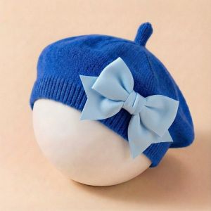 WUXU Knitted Baby Beret Hat Solid Color Soft Painters Hat Cute Spring Hair Accessories Bow Hat for Newborn Baby 1-3 years