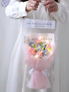 Crochet Puff Flowers with Light Hand Knitted Finished Rose Bouquet Mothers Day Teachers Day Graduation Gift