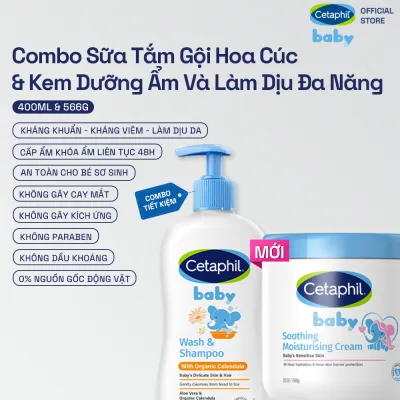 Combo Sữa tắm dưỡng ẩm dịu lành cho bé với Calendula hoa cúc hữu cơ CETAPHIL BABY W&SHAMPOO CALENDULA 400ML & Kem làm dịu và dưỡng ẩm cho bé Cetaphil Baby Soothing & Moisturising Cream hũ 566g