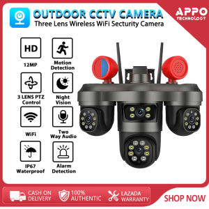 V380 PRO 12MP Outdoor three PTZ Lens CCTV Camera Connect Cellphone Wifi Connect 360 Waterproof 1080P HD Full Color Night Vision Two-way Audio and Speaker Surveillance Cameras