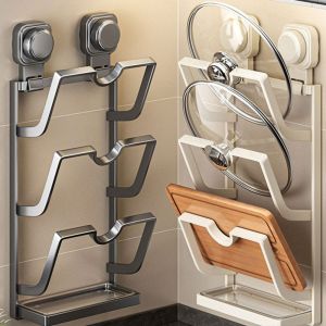 LINSBAYWU Wall Hanging Suction Cup Pot Lid Holder Multi-Layer Multifunctional Pot Lid Storage Rack Durable Punch-Free Pot Cover Rack for Kitchen