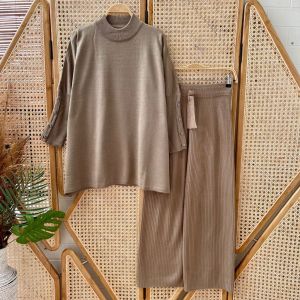 F&R Oneset Dita Atasan Wanita Turtleneck Lengan Kancing Setelan Celana Kulot Rajut Premium Wanita Kekinian