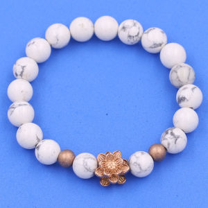 Chuỗi tay đá howlite 8 ly charm hoa sen inox VHWLHSHB8 charm bông sen Vòng tay hạt chuỗi vòng tay nam và nữ chuỗi đeo tay vòng chuỗi phong thủy