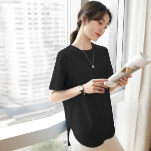 Womens Short Sleeve Round Neck T-shirt Loose Casual Tee Solid Top 95% Cotton