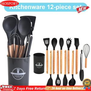 [HOSPORT Official Mall]12Pcs Kitchen Utensil Set Cooking Tools Kit with Holder Heat-Resistant Cookware Non-Stick Spatula Set Kitchen Supplies