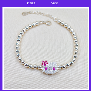 FLORA 0443L - Lắc tay bạc ta dây bi trơn mix hình mèo Hello Kitty dành cho bé gái