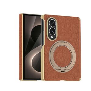 Case Compatible with for Samsung Z Fold 8 ultra /8/7/6 (Color : Orange) Shockproof Metal Ring Stand Case Leather Hinge Cover