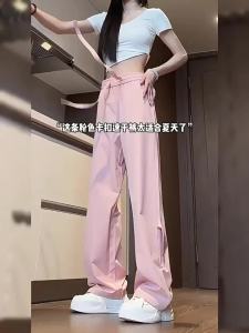 COD  Seluar Sutera Ais Warna Merah Jambu Anak-anak Musim Panas Bahagian Nipis Elastik Tali Tarik Pinggang Lurus Kaki Cepat Kering Seluar Kasual Longgar Lebar  Sem