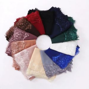 IFFINE Lace Edge Silk Scarf Solid Color Long Chiffon Hijab Veil Versatile Soft Headwraps Women Headwear