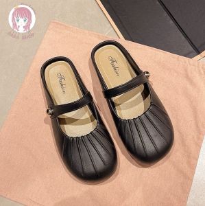 Aqrau 【ของจริง💯】รองเท้าแมรี่เจนแบบเปิดส้น หนังนิ่ม พื้นนุ่ม ส้นแบน สําหรับผู้หญิง