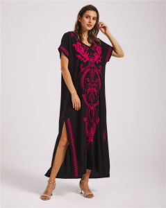 Embroidery Beach Cover up Short Sleeve Saida de Praia Kaftan Tunics Women Bikini Cover Ups Swimsuit Pareo Maxi Dress Beachwear