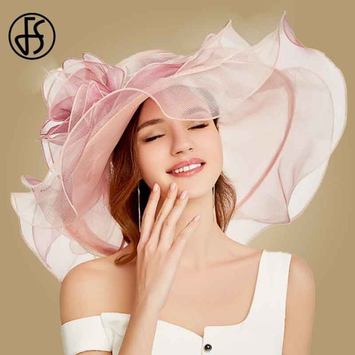 Pink Organza Big Flowers Elegant Large Wide Brim Sun Hats Ladies Wedding  Church Fedora Beach Hat For Women