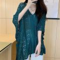 Somi RTW V-neck Side Drawstring Hollow Out Crochet Cover Up Oversize Knitted Beach Top M1328. 