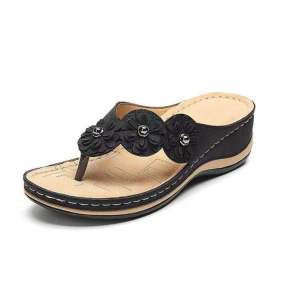 [Free Shipping] Plus-Size WomenS Thick-Soled Wedge Sandals 2025 Summer Collection Toe-Post Flip-Flops With Floral Embellishments