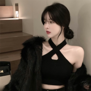 SIS Korean Style Women Simple Vest Plain Halter Neck Sleeveless Crop Top