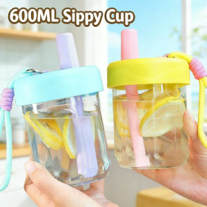 600ml Sippy Cup with Leak-proof Lid Cute Heat-resistant Cup Rope Carrying Plastic Water Cup