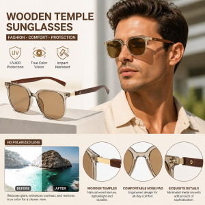 Womens Retro Polygon Tea Frame Sunglasses Wood Grain Temple UV400 Polarized Shades