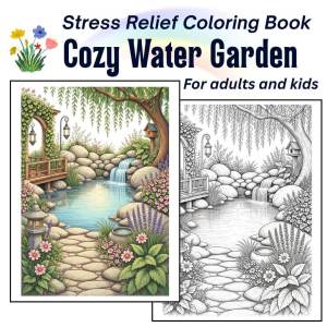 Cozy Water Garden Coloring Book for Adult Stress Relief Flower Ponds Fountain Buku Mewarna Dewasa