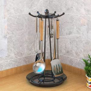 ANGFEW Rotatable Stainless Steel Pot Shovel Rack Thickened 6 Hooks Spatula Organizer Multi-functional Stable Spatula Storage Rack for Kitchen