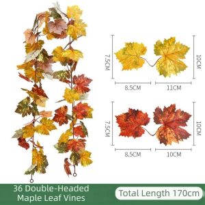 YERZ Creative Red Autumn Maple Leaves 1.7m Realistic Artificial Maple Garland Thanksgiving Party Colorful Fake Autumn Vines Halloween Decor