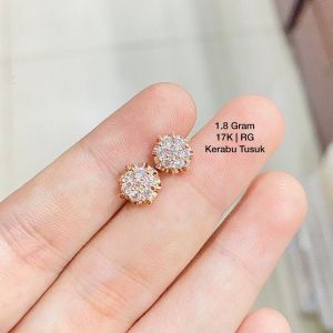 Anting paku emas asli kadar 75 17k rosegold solitaire bunga clover permata 1 kerabu giwang duduk cucuk tusuk stud