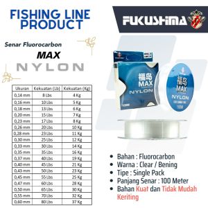 Senar Pancing Bahan Taiwan Fluorocarbon Fukushima Max Nylon (Bening Siluman)