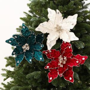 YUHENNY Glitter Velvet Christmas Poinsettia Pick DIY Craft Lifelike Christmas Tree Artificial Flower Merry Christmas Vibrant Xmas Tree Flower Stem Wreath Embellish