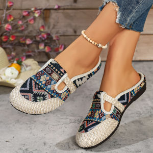 [Free Shipping] WomenS Ethnic-Style Canvas Slippers Suitable For All Seasons Low-Cut Shallow-Toe Flat-Soled With A Round Toe Versatile And Casual