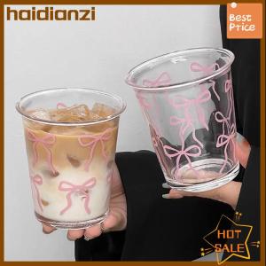 haidianzi Bow Glass Cute Water Cup Cartoon Bow Glass Cup Striped Cute Doodle Coffee Mug Household Fruit Tea Lemonade Girls Gift