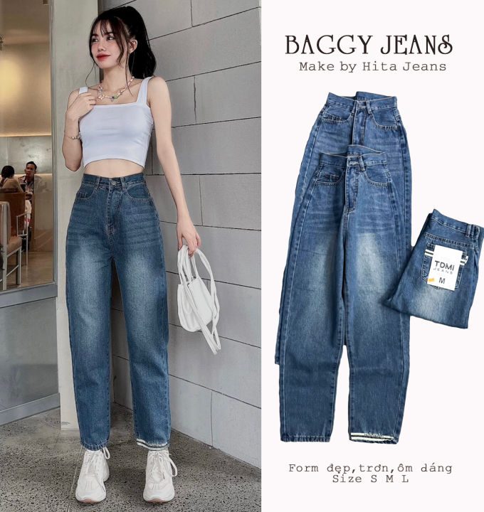 BGTD3358] QUẦN BAGGY JEANS NỮ LƯNG CAO TRƠN IN CHỮ MIUMIU DƯỚI ỐNG