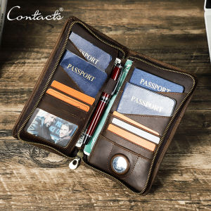 CONTACTS Men Genuine Leather Passport Wallets Phone Pocket Card Holders With Pen&AirTag Slot Male Travel  Passport Cover
