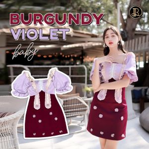 BLT BRAND การันตีเสื้อผ้าแบรนด์แท้ เดรสสีม่วงตัดด้วยเบอกันดี ลงตัวมาก แขนตุ๊กตา แต่งระบายมุ้งมิ้ง คัตติ้งใต้อก ดีเทลระบายห้อยๆ