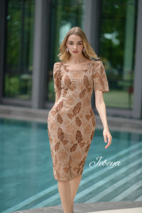 Jebeya Golden Leaf Dress (สีน้ำตาลเข้มปักไหมสีทอง)