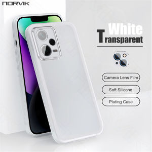 NORVIK Luxury Plating Translucent White Phone Case for Xiaomi 13 Redmi Note 12 POCO X4 12T 11 10 X3 M5 F5 F4 F3 GT Pro Plus Pro+ Lite 4G 5G NE Soft Casing with Lens Protector Tempered Glass Film N10-1