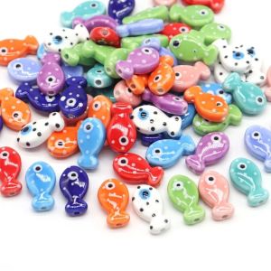 QIWANBA19 Handmade Craft Small Fish Beads Cartoon Design Ceramic Ceramic Spacer Loose Beads Pendant DIY Accessories Jewelry Making Material for 10Pcs Student