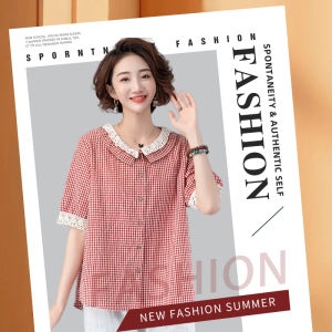 Fomi เสื้อแฟชั่นคอปกแต่งลายลูกไม้ ตรงคอเสื้อกับแขนเสื้อ สลับสีลายตาราง ดูดีมีมิติสุด ผ้าไม่หนาใส่สบายไม่ร้อน