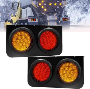 1 pair (2 Pcs) - 38 LEDs Trailer Lights 24V with Iron Bracket Base Universal Rear Stop Brake Light Turn Signal 4” Round LED Tail Lights (Red/Yellow) for Van Truck Tractor Lorry Caravan