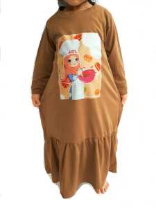 BAJU GAMIS ANAK PEREMPUAN PAKAIAN MUSLIM UMUR 1-10 TAHUN KAKI KERUT PRINTING KOKI CILIK