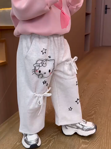 กางเกงเด็กผู้หญิง กางเกงขายาวลายแมวน่ารักพร้อมกระเป๋าเชือกรูดสำหรับฤดูใบไม้ผลิและฤดูใบไม้ร่วงสำหรับเด็กผู้หญิง