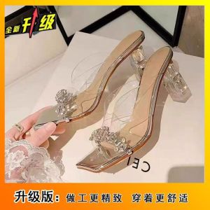[Free Shipping] Comfortable To Wear These New Rhinestone High-Heeled Sandals Feature A Chunky Heel And A Transparent Open-Toe Design Perfect For Summer