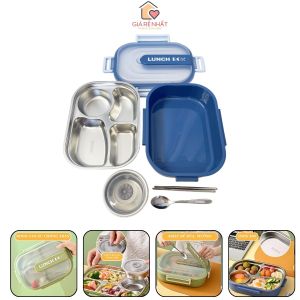 Hộp đựng cơm văn phòng giữ nhiệt Lunch Box inox 304 Khay 4 ngăn dung tích 1400ml Tặng muỗng