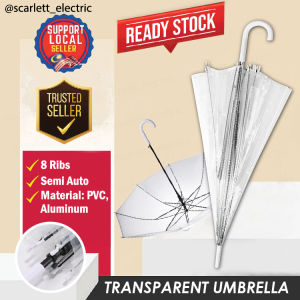 8 Ribs Clear Transparent Umbrella Semi Auto J Hook Handle Anti UV Rainproof Parasol / Payung Lut Sinar
