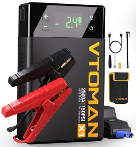 VTOMAN X1 Jump Starter 10000mAh Power Bank 150PSI Air Compressor 4 In 1 Car Jump Starter 2500 Peak Battery Charger With Tire Inflator For Car Emergency Startup With LED Flashlight