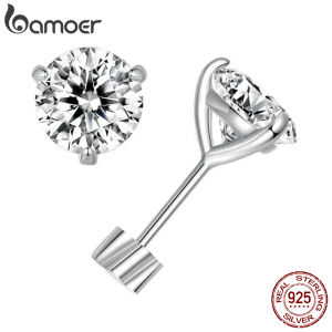 BAMOER Classic Moissanite Earrings 925 Silver Brilliant Three Prongs Round Cut Lab Created Diamond Wedding Engagement Earrings2026