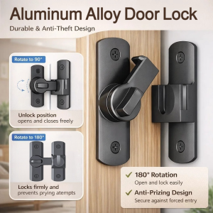 Aluminum Alloy Door Lock Latch Nopunch 180/90 Degree Door Bolt Security Door Latch Bathroom Snap-On Door Latch 免打孔铝合金门锁扣